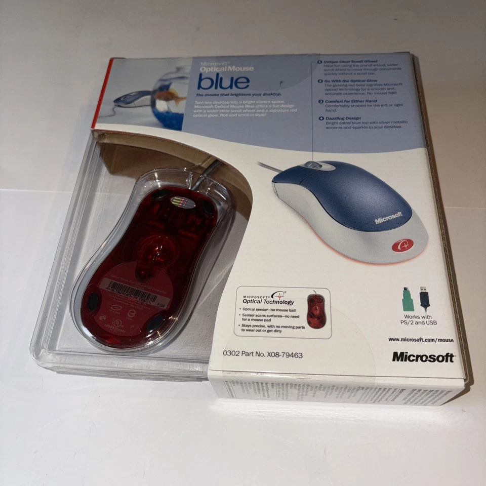 NIB! Microsoft Optical Mouse Blue USB PS2 Compatible with Wheel K81-00004 - Image 3 of 4