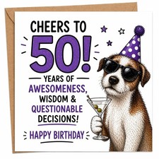 Funny Birthday Card Cheeky 50th Milestone Dog Illustration 6x6 Square