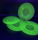 Vintage Set Of 4 Anchor Hocking Block Optic Green Uranium Glass Plates 8.25"