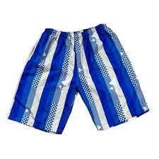 Blue and White Geometric Striped Board Shorts / Swim Trunks