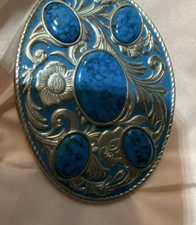 Western Americana Oval Belt Buckle Blue Ornate Design