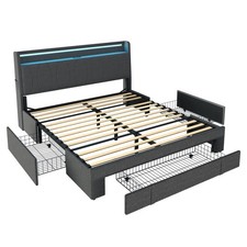 Upholstered Storage Bed Frame with Storage Headboard & Drawers, 4ft6 Double Grey