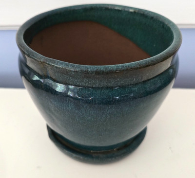 Dark Aqua Ceramic Plant Pot w/Attached Saucer 6'' Drainage Holes