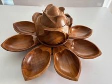 Vintage Monkey Pod Wood Flower Lotus Lazy Susan Spinning Salad Chip Dip Set Teak