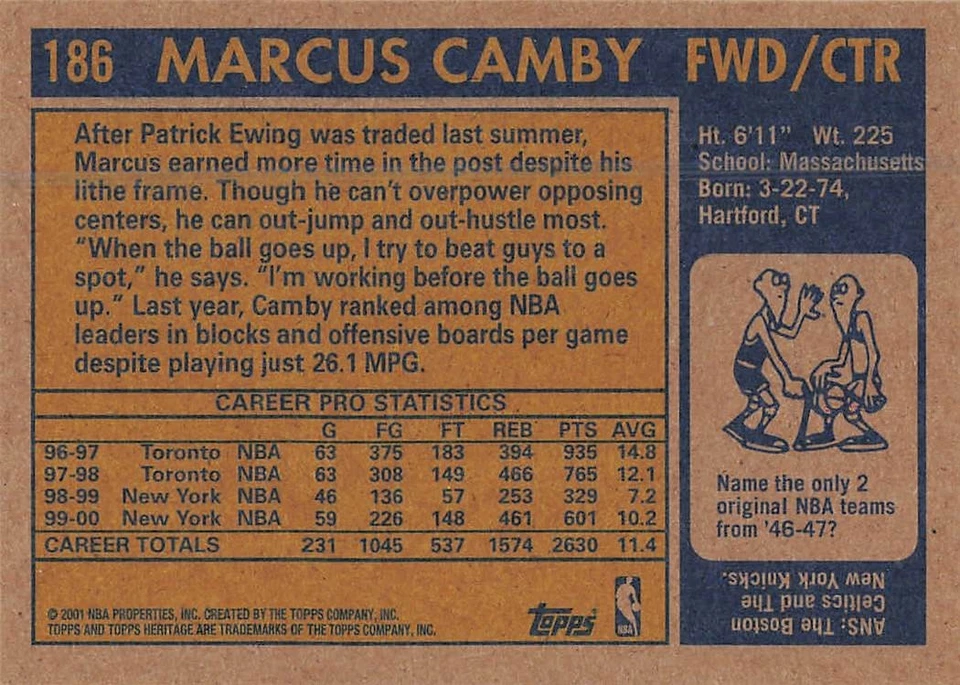 MARCUS CAMBY 2000-01 TOPPS HERITAGE BASKETBALL #186 - Image 2 of 2