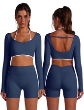 Womens Long Sleeve Workout Sets Layer Crop Top with Built in Bra Scrunch Butt...