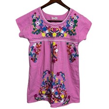 Mexican Dress Huipil Tunic Small Embroidered Pink Colorful Puff Sleeve Artsy