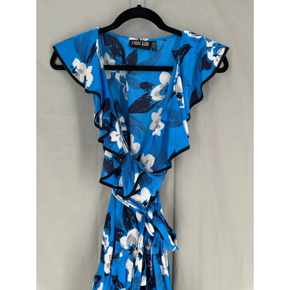 Yumi Kim Dress Womens XS Blue Floral Mini Silk Wrap Ruffle Boho Party V Neck - Image 4 of 4