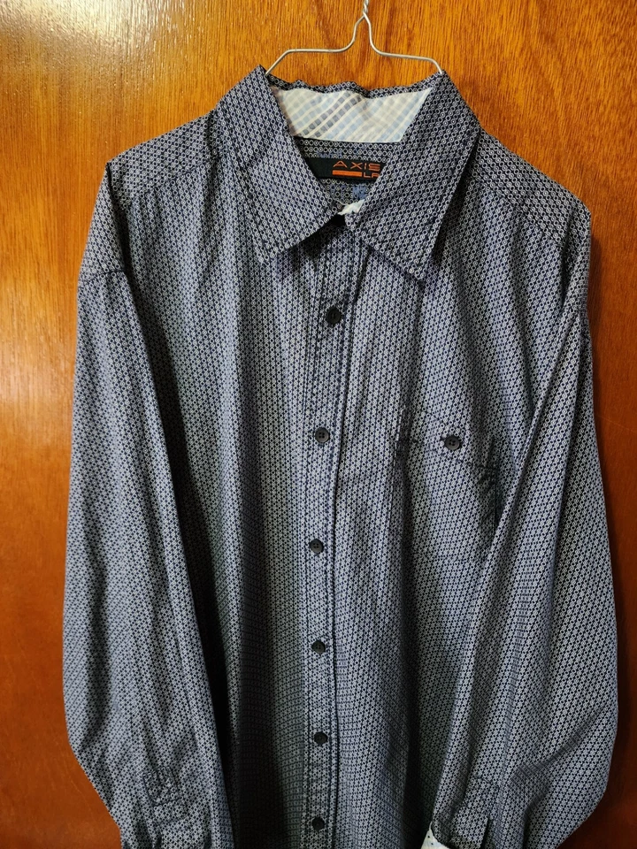 Men's Large Axis Navy Blue White Geometric Pattern Long Sleeve Button Down Shirt - Image 2 of 4