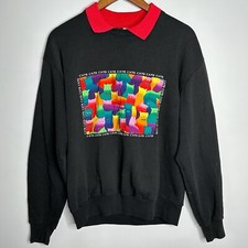 Vintage 90's Crazy Cats Pop Art Graphic Black Sweatshirt Med. Jerzees USA Made
