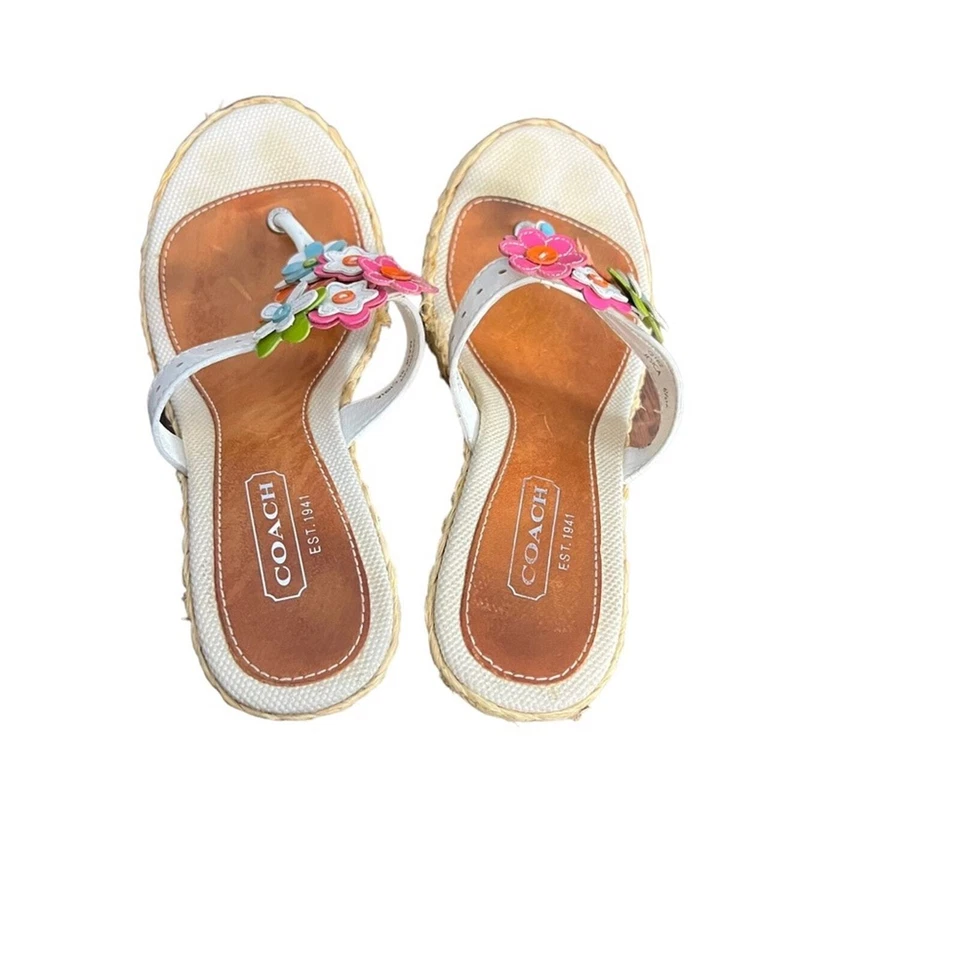 Coach Floral Cuero Aplique Jesica Tanga Plataforma Deslizable Alpargata Tacones de Cuña Foto 4 de 4