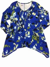 Womens Blue Green & Aqua Floral Blouse Shirt Handkerchief Hem Dress T-Shirt