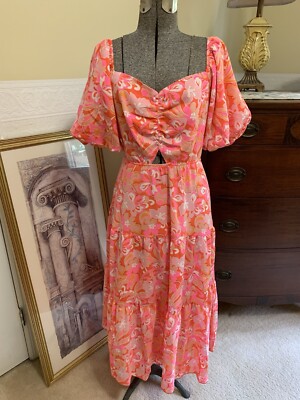 short flowy flower dress Red Puff Sleeve Quinn Midi Dress