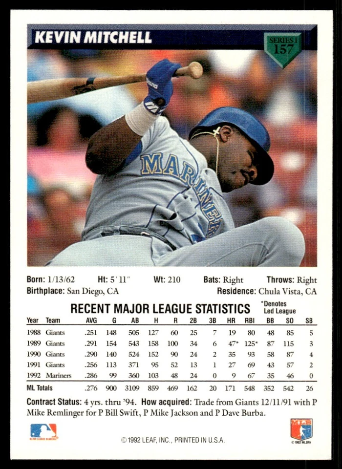 1993 Donruss Baseball Card Kevin Mitchell C Seattle Mariners #157 - Image 2 of 2