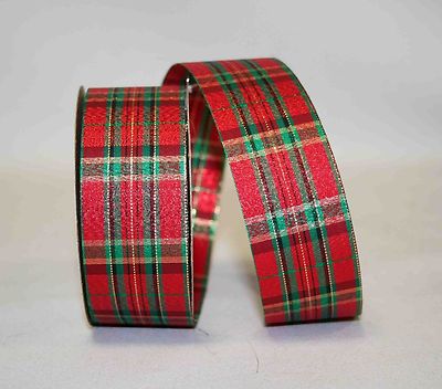 10 yd RED HIGHBIRN ACETATE TAFFETA PLAID RIBBON 1 3/8