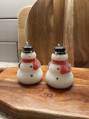 Vintage Pottery Barn Set Of 2 Glitter Snowmen Candles