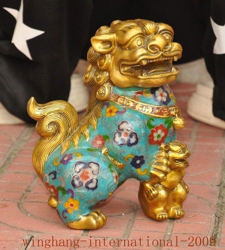 China ancient bronze Cloisonne Gilt Fengshui animal Foo dog lion beast statue - Picture 3 of 10