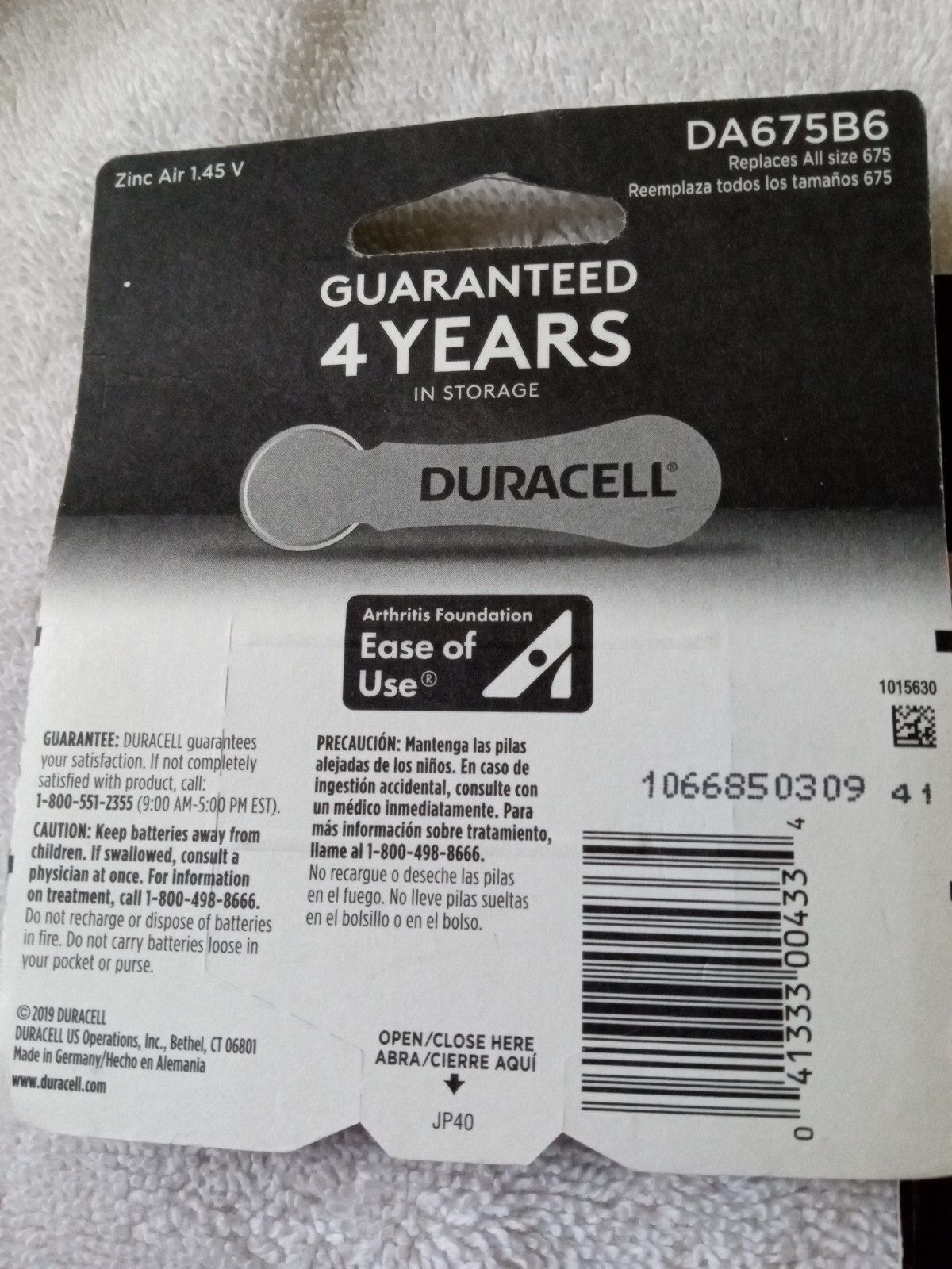 Duracell Zinc Hearing Aid Batteries Size 675 (Blue) 2Pkgs Pack Sealed