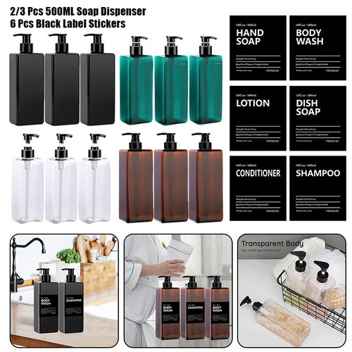 2/3 Piezas 500ml Dispensador de Jabón Champú Acondicionador Loción Botella con 6 Etiquetas - Imagen 2 de 32