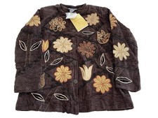 Indigo Moon Floral Embroidered Button Lined Jacket Brown Beige Ladies Large NWT