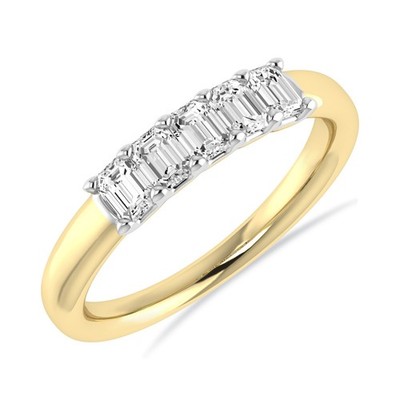 0.75Ct Emerald Cut Lab Grown Diamond Ring Five Stone Band 14k Yellow Gold