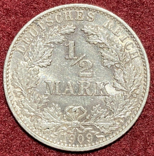 1/2 Mark 1909 E Deutsches Reich Umlaufmünze Silber