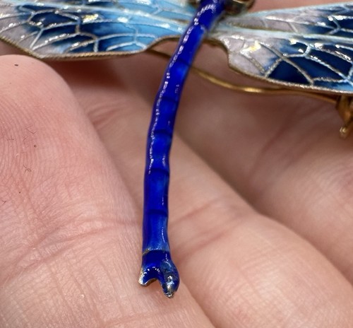 Sterling Silver 925 Cloisonné Dragonfly Pendant Blue Enamel Brooch 2.5”L - Picture 5 of 9