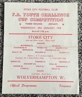RARE Stoke City v Wolverhampton Wanderers (FA Youth Cup Replay) 1957/58