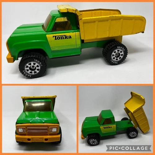 Vintage 1970’s Tonka Green and Yellow Dump Truck Pressed Steel Model # 13190