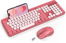 Wireless Keyboard and Mouse Combo, Retro Round Keycap Typewriter Pink
