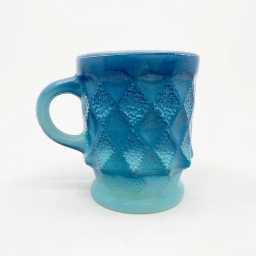 Vintage Anchor Hocking Fire King Blue Coffee Cup Mug Kimberly Diamond Pattern