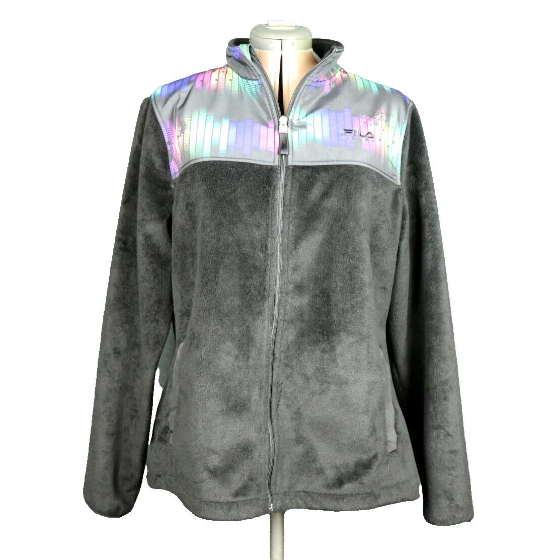 Giacca Fila Sport pile arcobaleno full zip retrò anni 80 90 tasche pelliccia sintetica nero L
