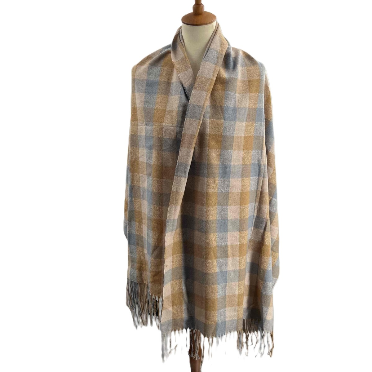 Hat Attack Scarf Plaid Scarf Blue Tan Fringe Ends Blanket Scarf