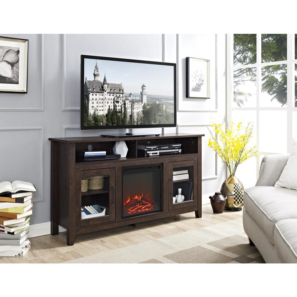 58" Wood Highboy Fireplace Media TV Stand Console - Traditional Brown