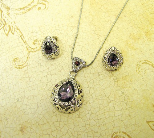 Conjunto de collar y pendiente colgante de cristal amatista morado en forma de lágrima - Nuevo - Imagen 4 de 8