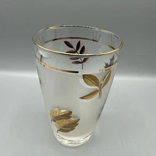 Vintage Libbey Frosted Gold Leaf Tumbler 5.25” Gold Rim Mid Century Leaves
