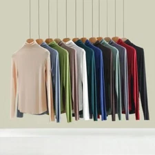 Womens Silk High Neck Top T Shirt Undershirt Knitted Long Sleeve