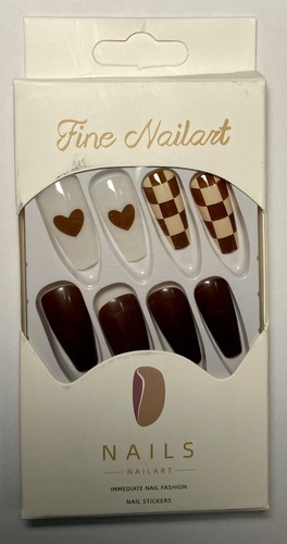 24pcs M Almond Brown White Checker Heart Fake Nail False Nail Press On Nail Glue - Picture 2 of 9