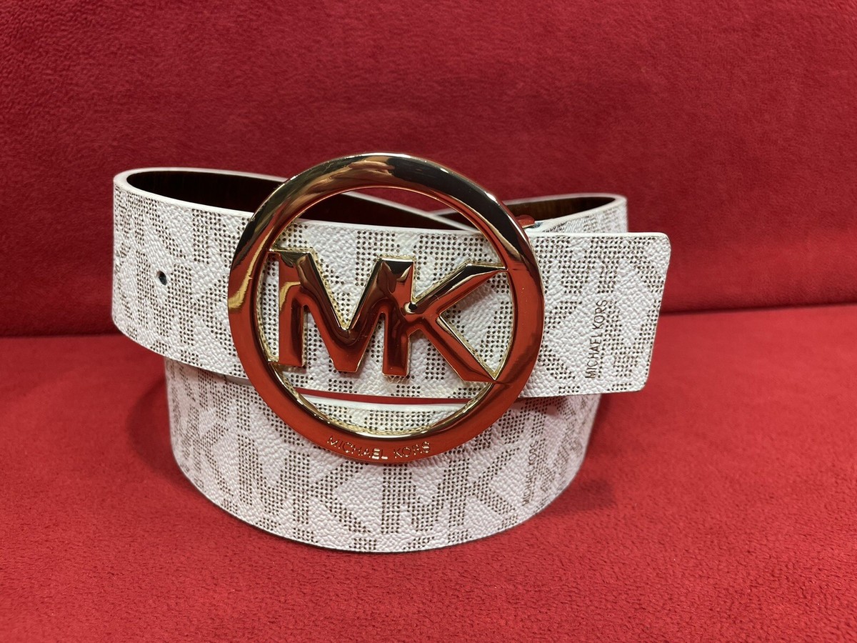MICHAEL KORS MK Logo Signature Gold Buckle White Gold Belt