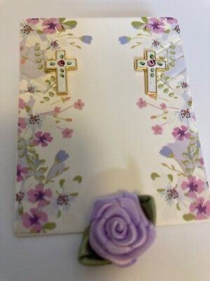 Kreuzform Ohrring Emaille Optik rosa Blumen kartoniert Schmuck Ostern Geburtstag