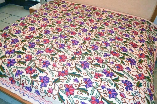BEDSPREAD FLORAL BEDDING KASHMIRI CREWEL HAND EMBROIDERED 100% COTTON