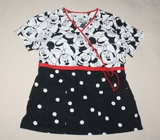 Disney Minnie Mouse Womens Medium Scrub Top Black White Red Tie Elastic Waist