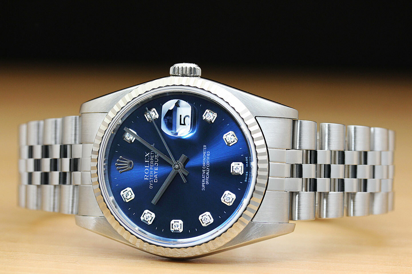 MENS ROLEX DATEJUST 16234 BLUE DIAMOND QUICKSET 18K WHITE GOLD STEEL WATCH image 3