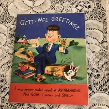 Vintage Greeting Card Christmas Get Well Well Dressed Boy Log