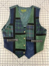 Vintage 80s 90s Patch Work Suede Leather Plaid Strip Green Vest Shirt Hippy Surf