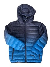 Eddie Bauer Jacket Boys Blue Reversible Puffer Zip Hooded Small 7/8 Down 6690
