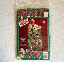 VTG SANTA SACK Giant Green Metalized BAG 31" x 47.5" NEW Elves Themed Gift Wrap