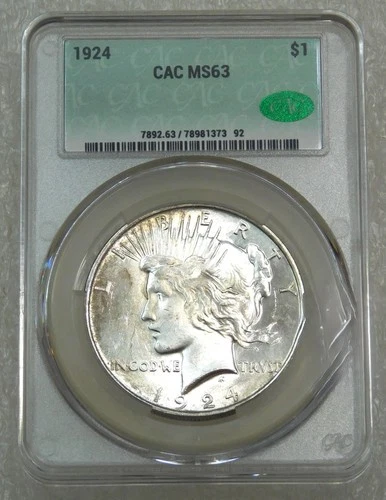 1924 Peace Dollar CACG MS63 CAC Frosty Just Graded New Holder #T291E