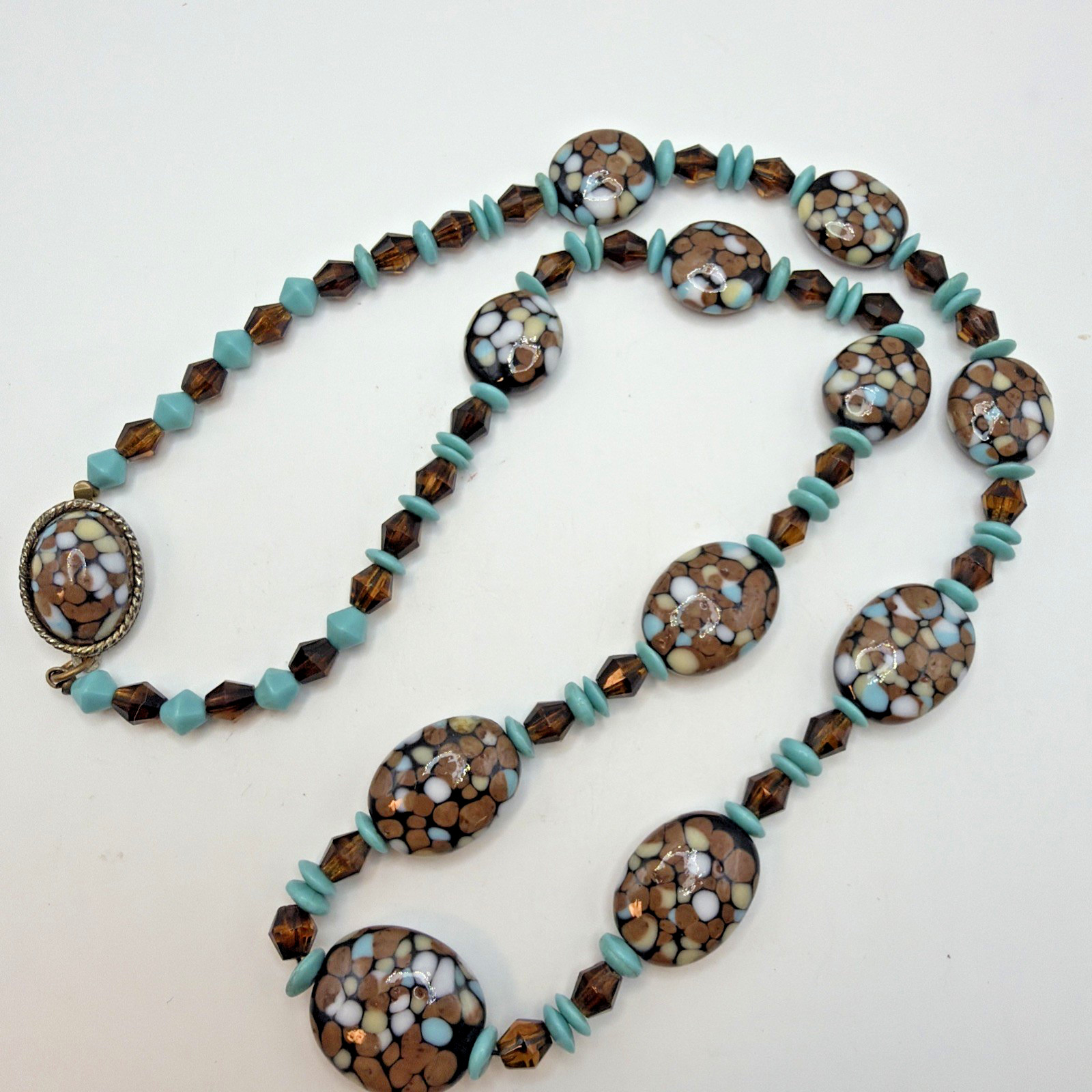 Vintage Venetian Style Glass Beaded Necklace Signed Japan Brown Sky Blue