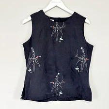 Vintage FIELD MANOR Women’s Black Embroidered Silk & Linen Sleeveless Top Sz 10